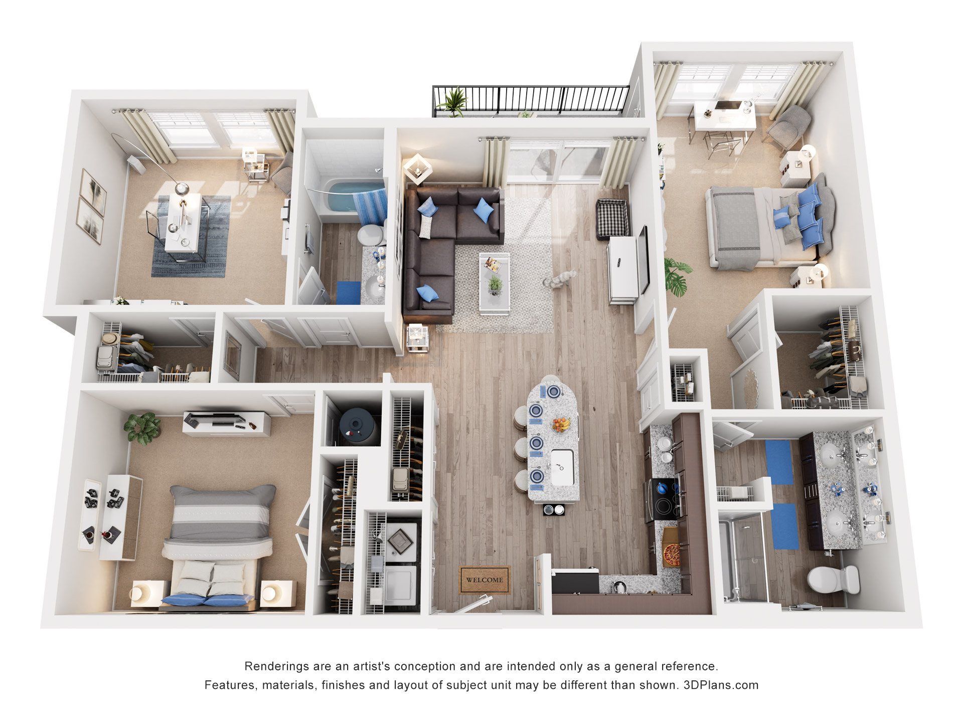 Floor plan for 3 beds, 2 baths, 1362 sqft